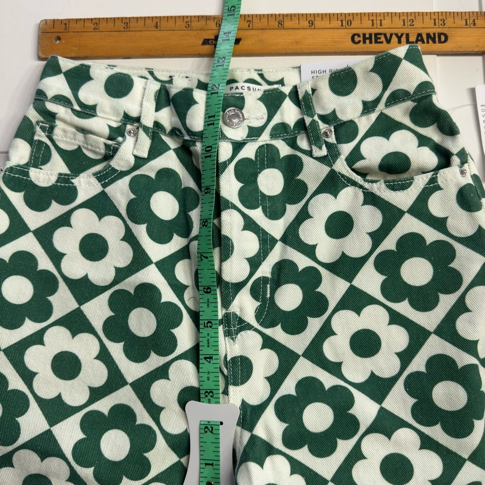 Pacsun NWT Women’s Sz 25 Green White Floral High Rise Straight Denim Jeans Pants - Picture 5 of 6